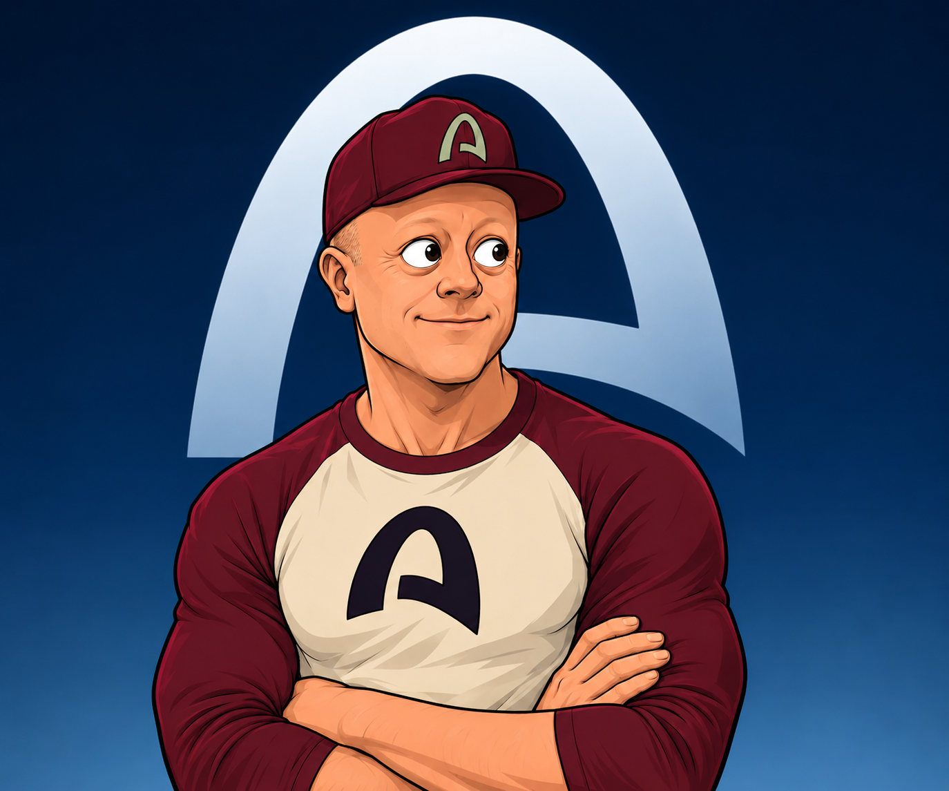 An Architect wearing the burgundy Arc cap and cream Arc tee, arms crossed in front of the Arc logo